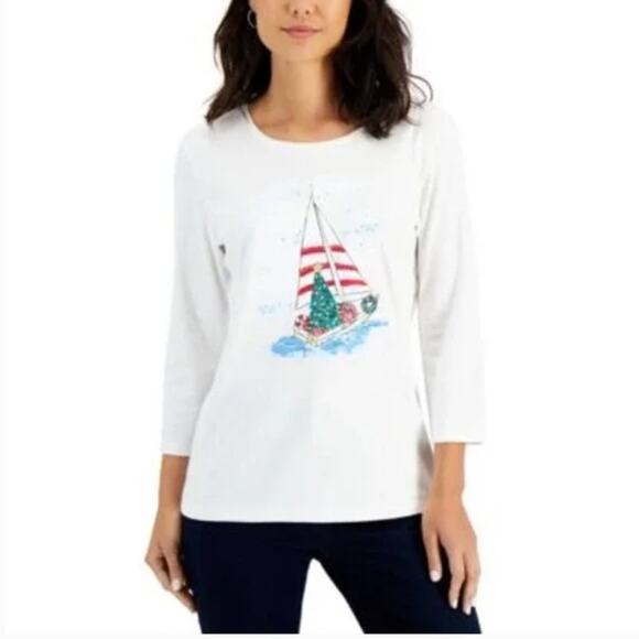 Karen Scott Long Sleeve Holiday Sailboat Tee - Picture 1 of 8